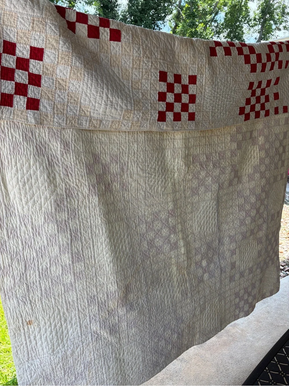 Vintage 1930-1940s Red & White Patchwork Checkered Feed Sack Quilt 65x74